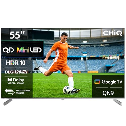 CHIQ M55QA9 55 Zoll(139 cm) 4K UHD QD-Mini LED Smart Google TV, DLG 120Hz*(Software-Enhanced), HDR10, Dolby Vision& Atmos, Airplay, Chromecast, Prime Video, Integrierter Google Assistant