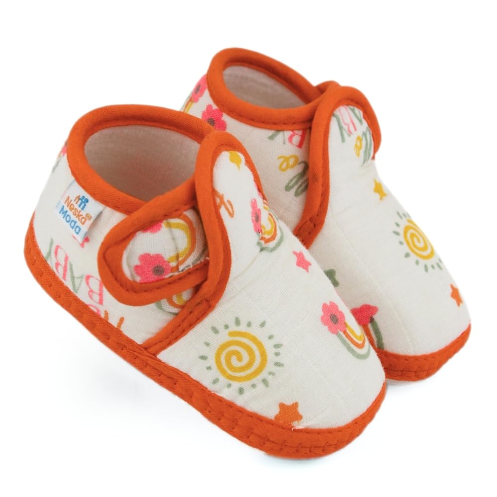 6 To 12 Months Baby Boys & Baby Girls Skin-friendly Muslin Floral White,Orange Hook & Loop Shoe Booties-BT5555-image-24