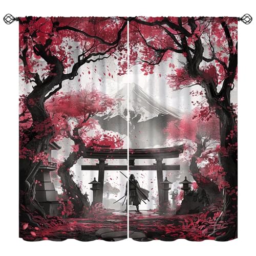 FengMingRui Retro Japanese Curtains Watercolor Ink Samurai Mountain Cherry Blackout Window Treatment for Living Room Bedroom Game Room Decor Window Drapes 42" W X 45" L