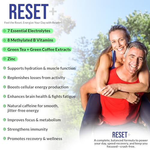 Image of Reset+, 7 Energy Electrolytes, High Methyl B12, Methyl Folate, Pink Salt, High Magnesium, Super B Complex, Green Tea & Green Coffee Extracts, Biotin, Zinc, 72 Trace Minerals