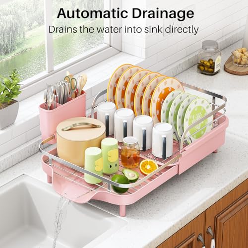 Image of SAYZH Dish Drying Rack - Expandable Dish Rack for Kitchen Counter, Rust-Resistant Dish Drainer with Utensil Holder and Raised Guardrail, Kitchen Organizer for Cup and Bottle (Pink)