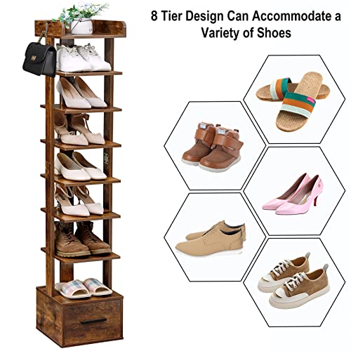 Usikey 8 Tiers Vertical Shoe Rack, Wooden Narrow Shoe Tower With Bottom Drawer, Tall Shoe Rack Organizer, Space Saving Shoe Storage Shelf Stand For Small Space, Entryway, Rustic Brown #TOP5