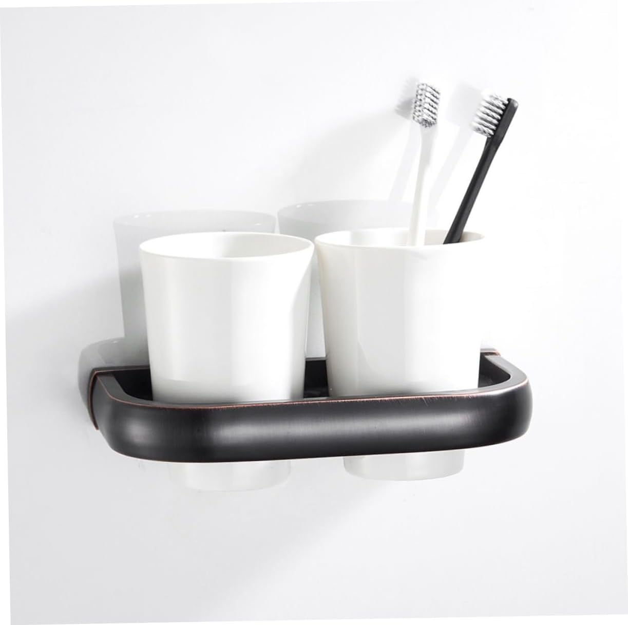 Mobestech Ceramic Double Cup Holder Wall Mounted Toothbrush Organizer Vintage Antique Copper Finish for Bathroom or Hotel Heavy Duty Tumbler Rack Easy Installation