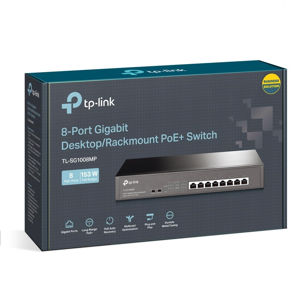 TP-Link Switch PoE (TL-SG1008MP V2) 8 Ports Gigabit, 8 Ports PoE+, 153W pour Tous Les Ports PoE, Boitier Métal, Installation faciles, idéal pour créer Un réseau de Surveillance Polyvalent et fiable