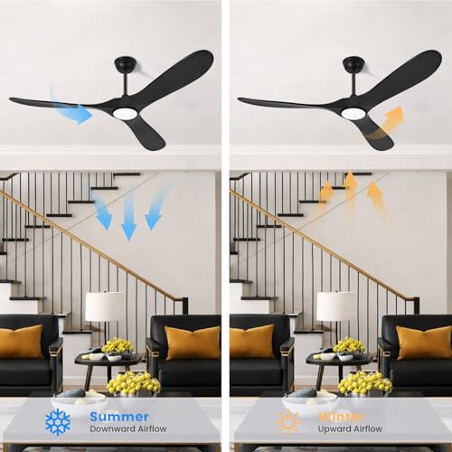 Image of heimo 60 Inch Black Ceiling Fan with Light and Remote, Wood Outdoor Ceiling Fans with Lights Dimmable for Bedroom Living Dining Room Patios Garage Gazebo Farmhouse Big Dc Reversible Fan