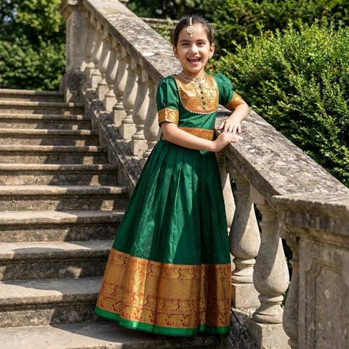 Image of Girls Silk Pattu Gown for Kids Traditional South Indian Long Ethnic Dress | Baby Girl Festival Pavadai Sattai Style Party Wedding Birthday Special Occasion Outfit