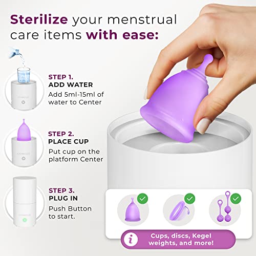 Carecup Menstrual Cup Sterilizer - Modern Menstrual Cup Cleaner Unscented Sanitizer - 2-Minute Automatic Steam Wash - Holder Fits Small Soft & Large Period Disc - 99.9% of Germs (Steamer + Cups) - Image 3