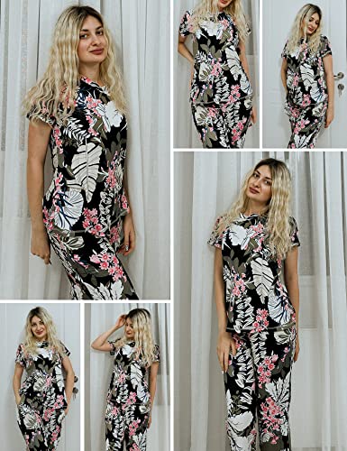 Image of Ekouaer 2 Pack Women's Capri Pajama Sets Short Sleeve Two-Piece Pjs V Neck Tops & Pants Printed Lounge Sets S-3XL