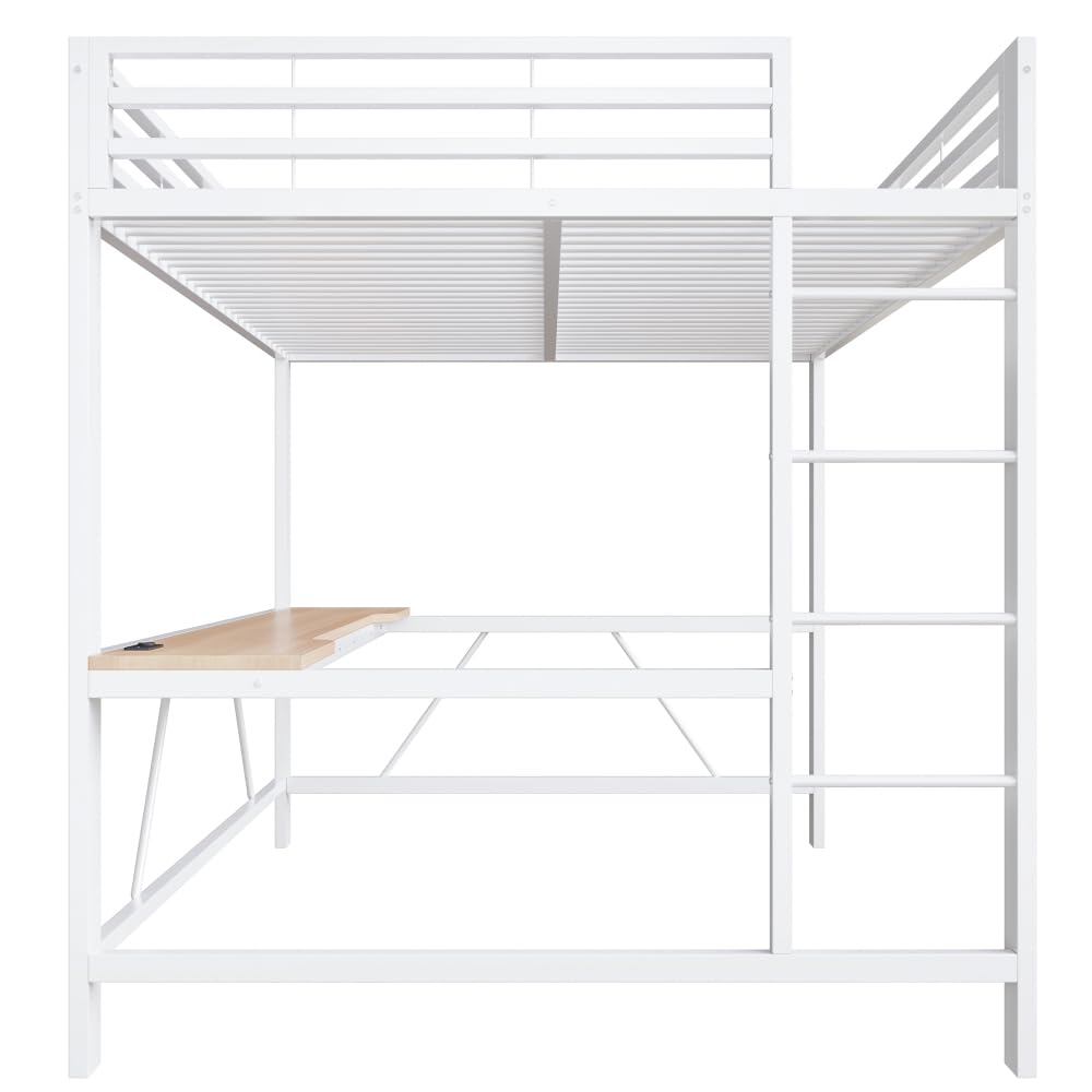 Letto a soppalco 160x200 con striscia led,USB,letto a castello bambini con scrivania Salvaspazio,rete letto in metallo da gioco con sponda,Senza materasso,atto a camere da letto,ecc(Bianco)