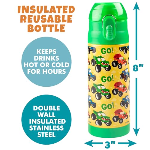 Image of Bentology Stainless Steel 13 Oz Reusable Water Bottle Kids, Monster Truck | Double Wall Insulated, Spill Proof Lid W /Built-in Straw- Keep Liquids Hot or Cold- Easily Fits in Lunch Boxes & Bags