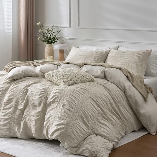 Image of JELLYMONI Seersucker Duvet Cover Set King, 3pcs Oatmeal-Wide Polyester | In Spacious Master, Couples & Pets, Crinkled Texture, Oeko-Tex Certified, 8 Corner Ties & Hidden Zipper