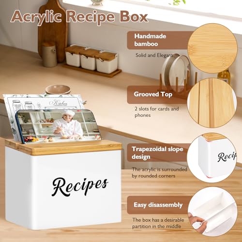 Fantasyon Recipe Holder Box, White Recipe Box with 50 Recipe Cards 4\"x6\", 6 Divider,1 Conversion Card, Recipe Cards and Box Set Acrylic Recipe Organizer for Housewarming Grandma Mom Bridal Shower