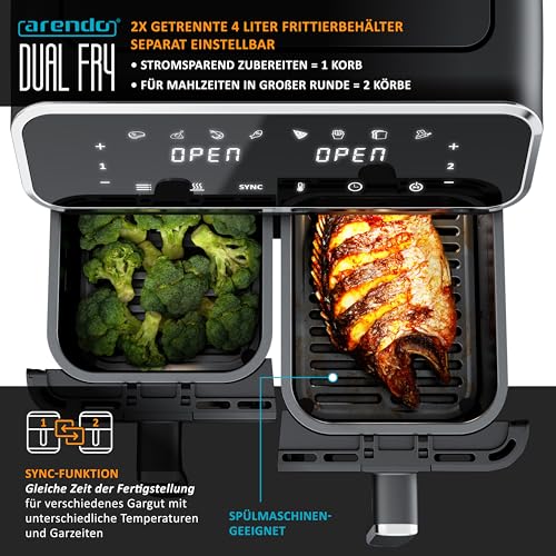 Arendo - Heißluftfritteuse Dual Zone mit 2 Kammern - XXL Kapazität 2 Fächer Doppelkammer – 2700 Watt - Airfryer Backofen Edelstahl - Touchscreen - 3D Umluftsystem - Antihaftbeschichtung - PFAS frei – Bild 5