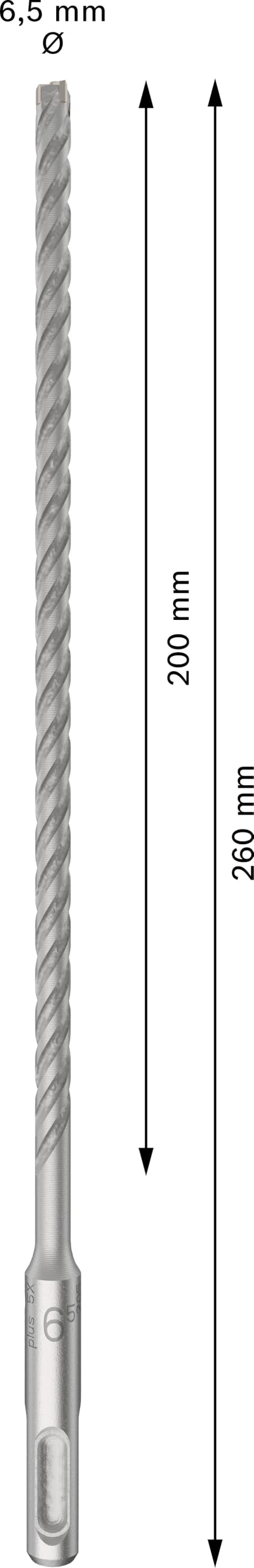 Broca para martillos perforadores SDS PLUS-5X: 6,5 X 200 X 260 MM CON 4 ARISTAS DE CORTE