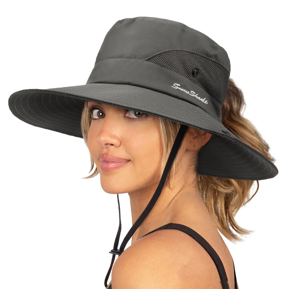 DRESHOW Mujer Sol Sombrero Al Aire Libre UV Protección Sombrero Plegable ala Ancha Pesca Ponytail Playa Bucket Sombreros