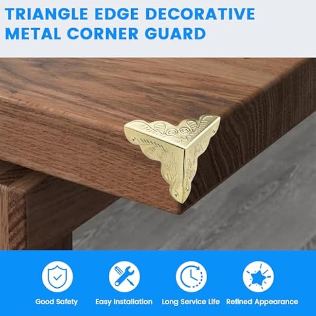 SDTC Tech 12 Pack Furniture Corner Protector 1 x 1 Antique Gold Triangle Edge Decorative Metal Corner Guard for Storage Box Jewelry Case Cabinet Coffee Table Wooden Chest etc.