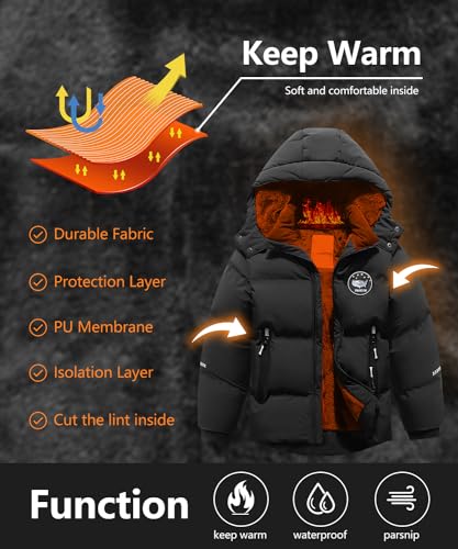 Kids Boy's Winter Coat Fleece Lined Waterproof Jacket Puffy Cotton Coat Thick Hooded Down Outdoor Coats4