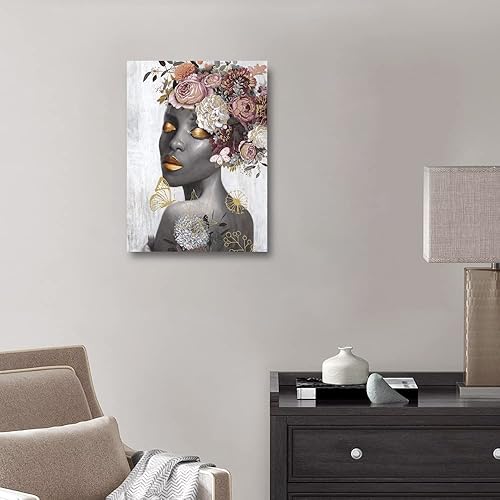Miniatura 3 de Arte de pared de mujer afroamericana americana abstracto de mujer negra cuadro floral rosa lámina dorada mariposa lienzo impreso para decoración de