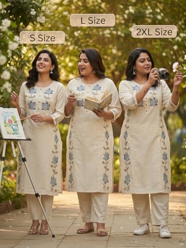 Image of Leriya Fashion Cotton Kurta Set for Women | Kurta Sets for Woman - Office Wear Kurti Set for Women Embroidery Kurti for Woman, Straight Kurtis Pant Set with 3 /4 Sleeve