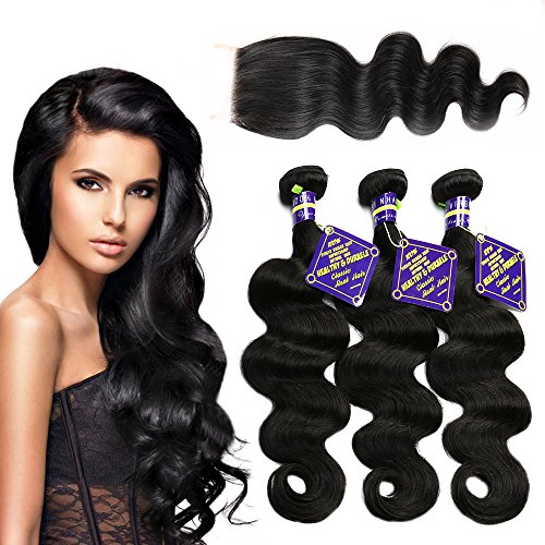 Favor Beauty Store Virgin Brazilian Hair Body Wave With Free Part Lace Closure Grade 6A Remy Hair Natural Color Unprocessed Human Hair Extensions(14 16 18 with 12 Closure)
