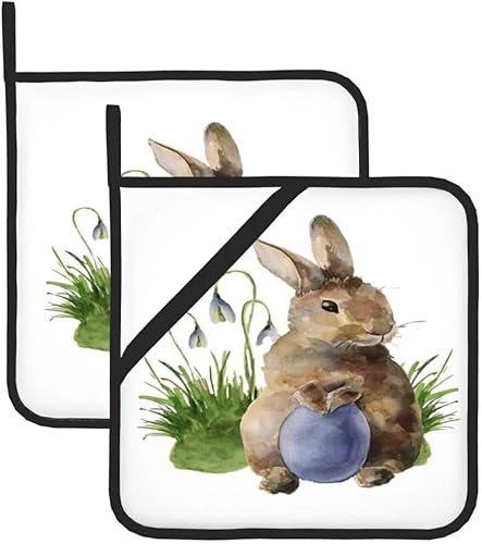 Juego de 2 soportes para ollas de huevos de Pascua, diseño de conejo, hojas de conejo, decoración de cocina, resistente al calor, forro de algodón,