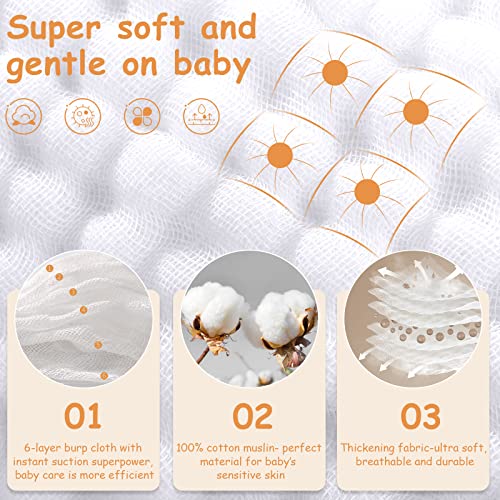 Image of Looxii Muslin Burp Cloths Baby Girl 6 Pack - 20 inch x 10 inch - Ultra Soft & Absorbent, 6-Layer 100% Cotton for Spit Up & Drool- Gentle Baby Burping Cloth, Newborn Essentials Shower Gift Girl, White