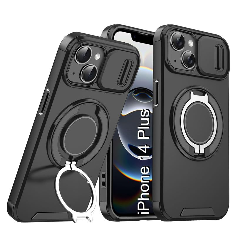 Image of LuxuryKase Shockproof Rugged Case for iPhone 14 Plus | Slide Camera Cover | 360 Rotating Ring Kickstand | Military-Grade Protection - Matte Black