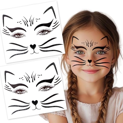 2 Pack Halloween Cat Temporary Tattoos - Glitter Halloween Face & Body Stickers for Women Realistic Animal Skin Decals for Cosplay Makeup & Festive Looks (4-black cat)