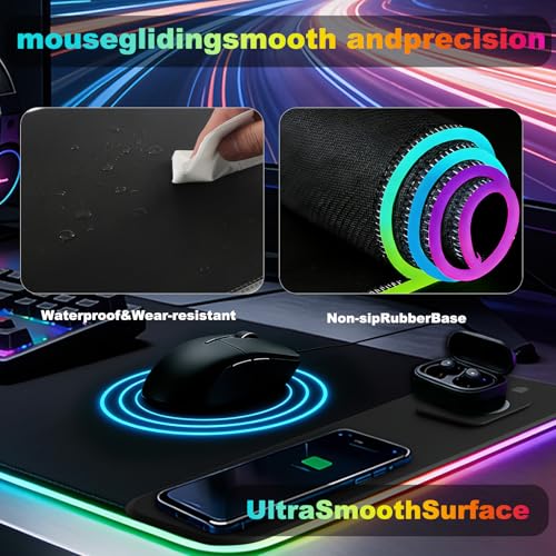 Image of Gaming RGB Mouse Pad Wireless Charging XXL Desk Mat for Keyboard 15w Fast Charger 11 Led Light Modes Non-Slip Large Office Desk Pads on Top of Desks