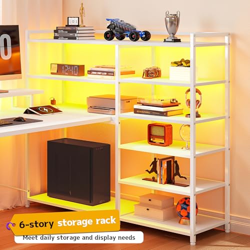 Image of DurayLoly 63 inch L Shaped Desk with 6-Tier Shelves & 2 Fabric Drawers,White | Reversible Corner Desk with Monitor Stand & CPU Stand,Power Outlet & LED Lights,Computer Desk for Home Office,Bedroom