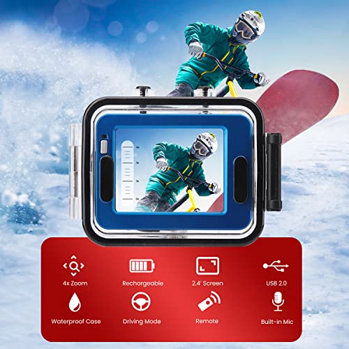 Image of Sound Around Gear Pro Sports Action Camera - HD 1080P Mini Camcorder w / 12 MP Cam, 2.4 inch Touch Screen USB SD Card HDMI, Battery - Waterproof Case, USB Cable, Wireless Remote Control, Mount - Pyle GDV285BL (Blue)