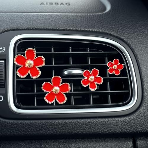 Image of 4PCS Car Daisy Flower Air Vent Clip, Cute Auto Outlet Air Conditioning Clip, Sweet Girly Vehicle Fresheners Gift for Women Girls, Car Interior Decor Universal Fit (Red, Vanilla)