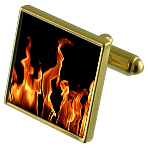 Gemelos de llamas de fuego oro set de regalo con clip de corbata y cristales