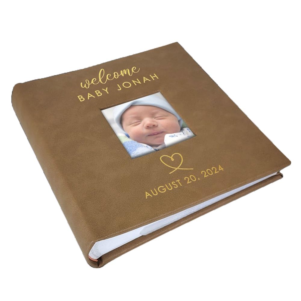 Small Personalized Welcome Baby Photo Album Brown Leatherette Holds 100 Photos Baby Shower