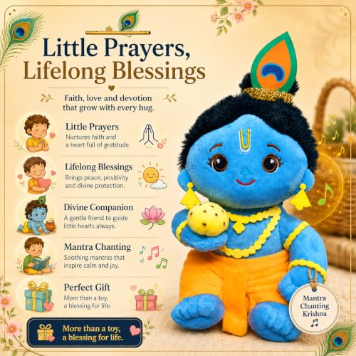 Image of AVSHUB Baby Laddu Gopal Krishna Plush Soft Toy with Mantra Chanting Music | Cute Bal Krishna Stuffed Doll with Laddu | Religious Gift for Kids, Janmashtami & Home Decor (Multicolor, 20 cm)