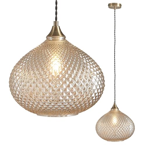 National Lighting Lina E27 Pendant Ceiling Light - 285mm Antique Brass Ceiling Light Plate Finish with Champagne Textured Glass Shade - Adjustable Hanging Drop Fixture for Kitchen Island & Dining Room