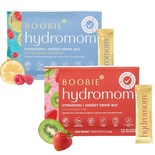 Image of Boobie Hydromom Superfood Electrolyte Drink Mix, Strawberry Kiwi + Blue Raspberry Lemonade | Refreshing Energy, Hydration Boost | On-The-Go Travel Essential for Pregnancy, Lactation, & Beyond - 2 Pack