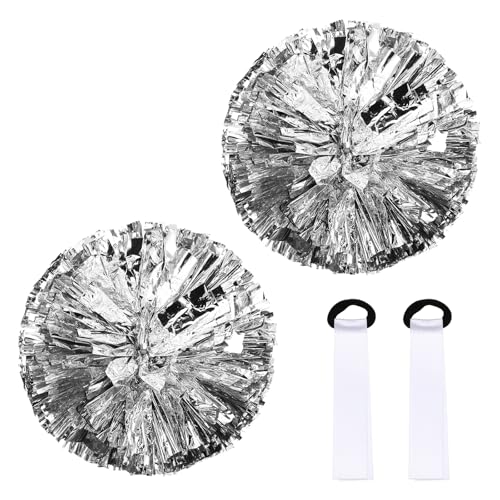 Pompons de pom-pom girl argentés 35 cm avec poignée bâton rigide