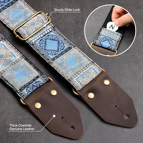 Image of Nefelibata Guitar Strap,Crazy Horse Leather Jacquard Embroidery Cotton Guitar Straps for Bass, Electric & Acoustic, Best Gifts for Guitarists(Boho Light Blue Chequered)