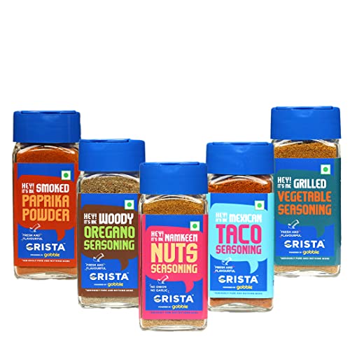 Image of CRISTA International Seasonings Combo - 3 | Paprika Powder x 1, 45 gms | Taco Seasoning x 1, 45 gms | Oregano Seasoning x 1, 50 gms | Grilled Veg Seasoning, 50 gms | Nuts Seasoning 50 gm | Pack of 5