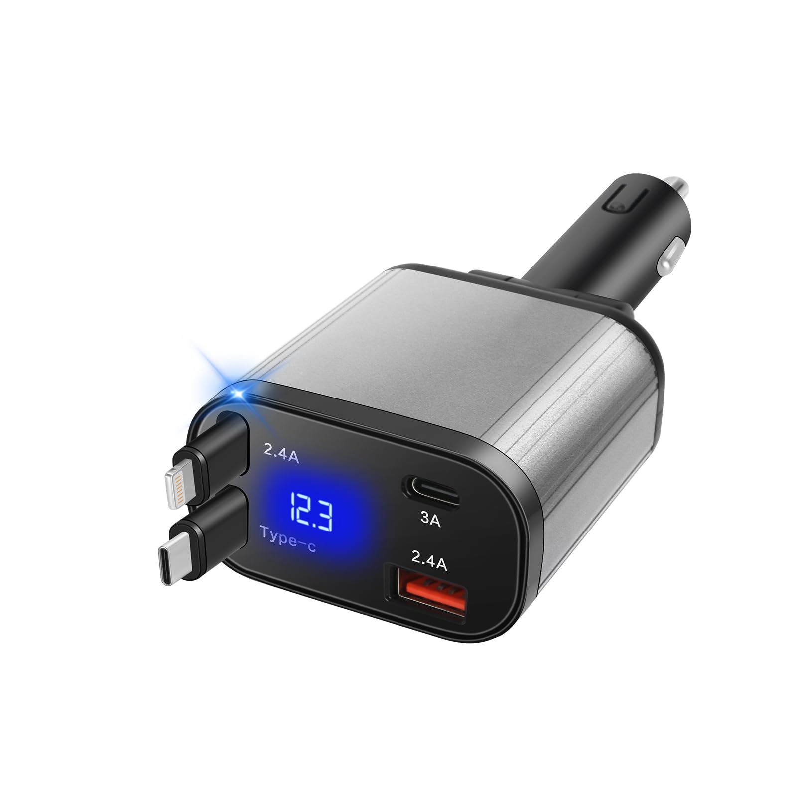 Caricatore da auto retrattile, ricarica rapida 4 in 1 con doppio cavo retrattile, adattatore USB-C e USB-A per auto per iPhone 17 16 15 14 13 Pro Max, Samsung Galaxy, Pixel, dispositivi Android