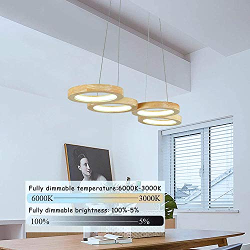 Lampada a sospensione a LED in legno a 4 anelli con telecomando, lampada a sospensione moderna dimmerabile, lampada per sala da pranzo, soggiorno, bar, ristorante, regolazione continua, lampada a