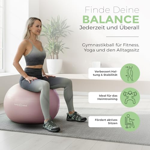 Body & Mind Gymnastikball inkl. Luftpumpe - Anti-Burst Pilates Ball, Pezziball für Schwangerschaft Ergonomischer Sitz als Büro-Stuhl, Sitzball für Yoga, Gymnastik & Workout (Rose, 55 cm)