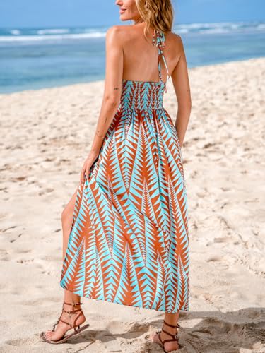 Image of CUPSHE Women Halter Backless Summer Dresses Spaghetti Strap Side Slit Casual Beach Sundress Holiday Vacation Maxi Dress