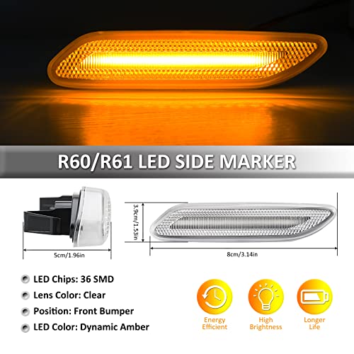 D-Lumina Sequential Led Side Marker Turn Signal Lights Compatible With 2011 2012 2013 2014 2015 2016 Bmw R60 Countryman R61 Paceman, Clear Lens Front Fender Sidemarker Dynamic Amber Lamps, Pack Of 2 #TOP1