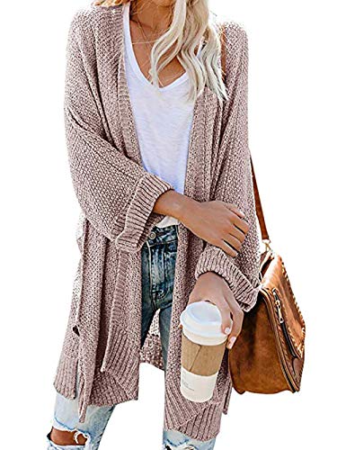 HZSONNE Women's Boho Open Front Kimono Bell Sleeve Casual Long Cardigan Sweater Batwing 3/4 Sleeve Knit Blouse Plus Size (Pink,Small)