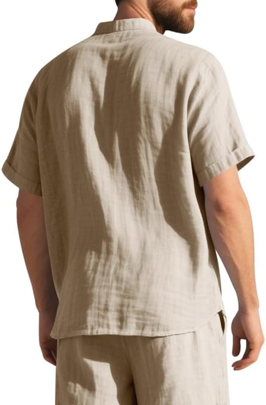 Men's Cotton-Linen Shirt - Short Sleeve Button Down Breathable Business Casual Shirt with Pocket for Vacations - Image 2
