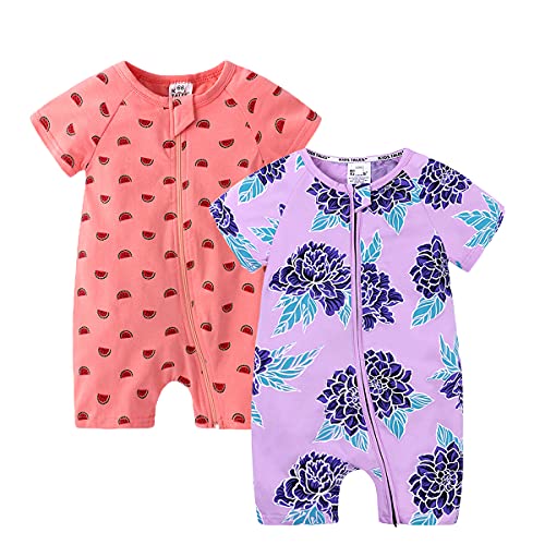 Image of Feidoog 2PCS Baby Boys and Girls' Summer Short Sleeve One-Piece Romper Cute Cartoon Zipper Jumpsuit Outfits