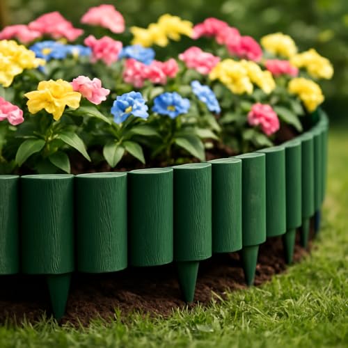 Image of Woven Garden Border Fence Pillar Design (20 Pcs) Green- Interlocking Edging Panels | Flexible Weave Fence for Flower Beds, Lawns & Pathways