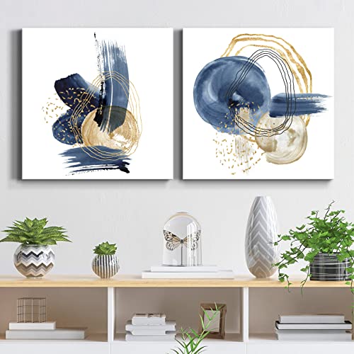 GADZRTIL Immagine geometrica blu pittura blu oro stampa geometrica astratta indaco tela arte da parete blu minimalista blu navy arte moderna oro acquerello opera d'arte 40,6 x 40,6 cm x 2 senza